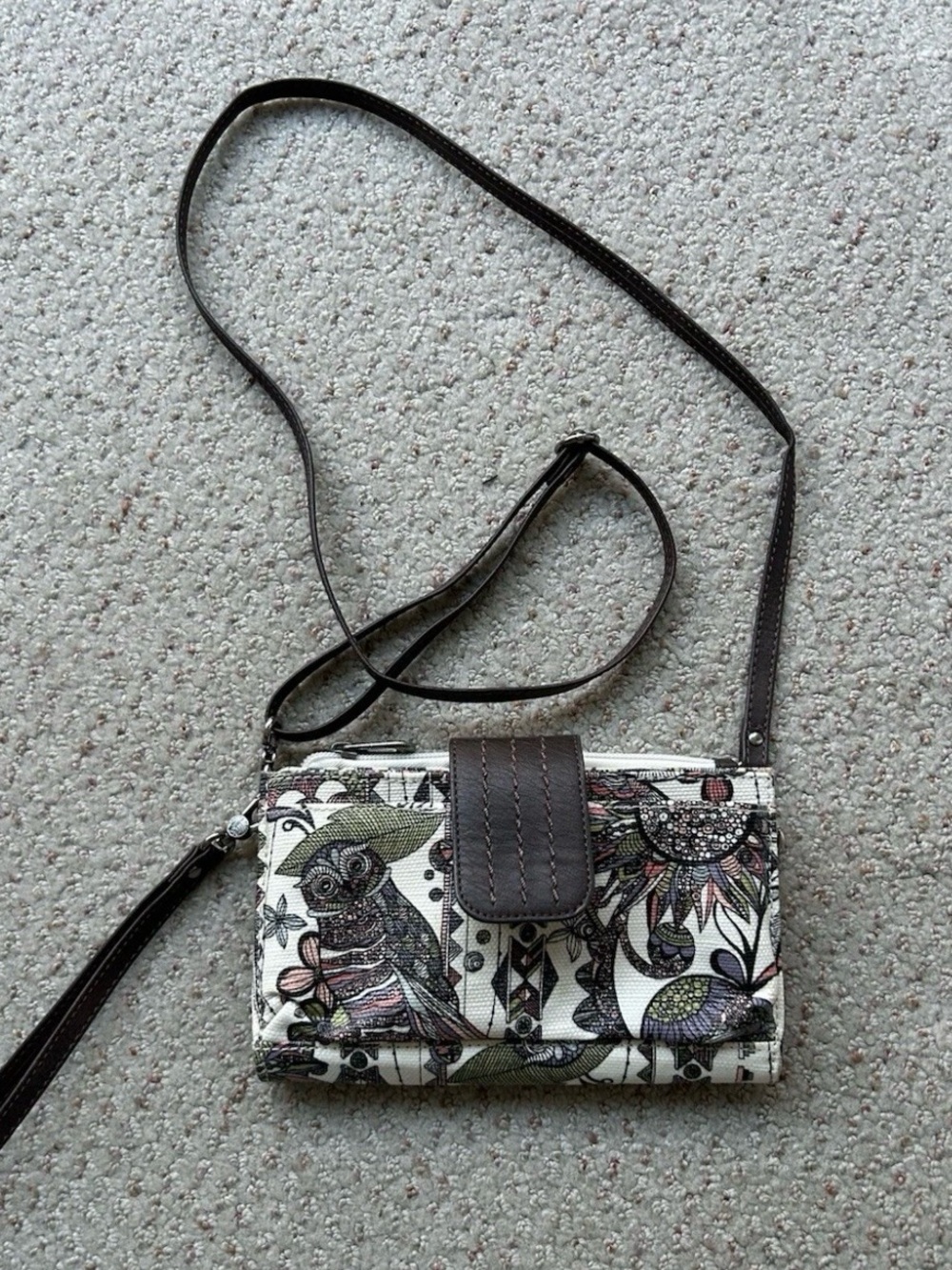 Sakroots Brown Floral & Owl Crossbody Wallet Bag EUC